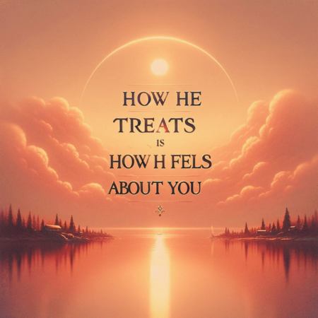 An inspirational quote image featuring the text "How he treats you is how he feels about you" with a serene background of a sunrise over a calm lake. The text is in an elegant, readable font, with soft, warm colors complementing the natural beauty of the scene, creating a calming and reflective atmosphere.