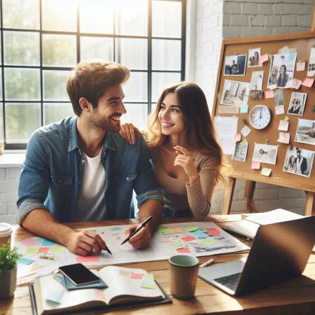 The image portrays a couple sitting together at a wooden table in a bright, airy room filled with natural light. They are surrounded by papers, a laptop, and a vision board with various photos and notes pinned to it. The couple is leaning in towards each other, deeply engaged in conversation, with smiles and excited expressions on their faces. The man is pointing at the vision board, while the woman holds a marker, ready to jot down ideas. The background includes large windows with a view of a lush garden, symbolizing growth and new beginnings. The atmosphere is one of collaboration and hope, as the couple enthusiastically plans their future together. This image captures the essence of working together to create a shared vision, emphasizing the importance of communication, mutual goals, and partnership in building a bright future.