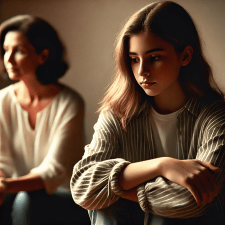 A thoughtful and emotional scene showing a mother and daughter sitting apart from each other in a dimly lit room. The daughter, a teenage girl, appears conflicted and sad, while the mother looks regretful and pensive. Their body language suggests tension, with the daughter turned slightly away, and the mother gazing down at her hands. The background is minimal, focusing attention on the emotional distance between them, reflecting the impact of betrayal and trust issues. Soft, warm lighting adds to the somber, introspective mood.