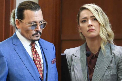 Johnny Depp and Amber Heard seated in a courtroom, engaged in a tense legal proceeding, surrounded by legal representatives.